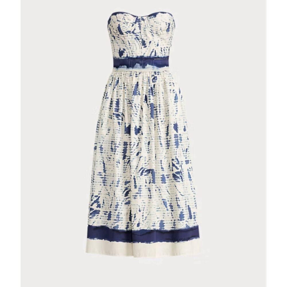 Ralph Lauren Collection Cotton Strapless Midi Dress Runway Fit Flare 10 M Blue - Picture 9 of 16